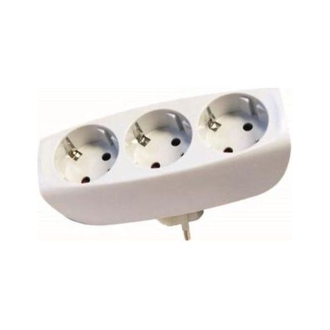 FPLUS multiplicador triple lineal t/t (ref.1333) , B Adaptador de triple salida schuko en línea. 3P+TT Lateral 10/16A 250V máx. 3500W. Color blanco
