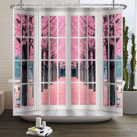 140x180cm Rideau de Douche Vue de Fenêtre Plate Blanche Rose Sakura Easy Spring Forêt Fleurs Parc Bord de Route Paysage Salle de Bain avec Crochet (1/5)