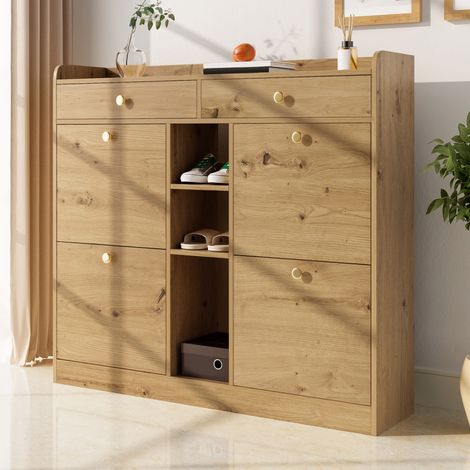 Scarpiera moderna 110x26x100 cm, 4 ribalte, 2 cassetti e 3 vani aperti, mobile per ingresso e corridoio, naturale