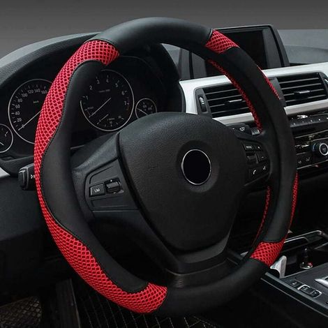Housse de volant de voiture, housse de volant universelle en cuir PU 38CM, housse de protection de volant, protection universelle de couverture de volant souple 38CM anti-dérapant noir rouge (1/4)