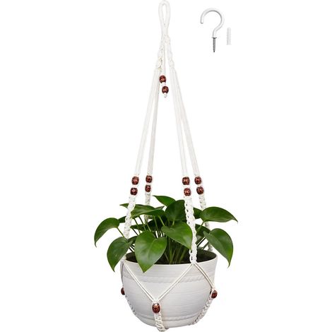 90 cm Porte-Plante en macramé, Grand pour Pots jusqu'à 38 cm de diamètre, Panier Suspendu Extra Long avec des Perles en Bois pour la décoration intérieure et extérieure (Ivoire) (1/5)