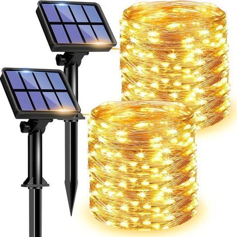 KLVGTIFS PU - Lot de 2 Guirlande Solaire Exterieur,2x22m 200 LED Guirlande Guinguette Étanche,8 Modes Décoration pour Jardin Balcon,Blanc Chaud (1/5)