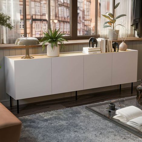 Aparador Sagrado, Aparador de Salón con Cuatro Puertas Batientes y Compartimentos Interiores, Elevado del Suelo, 200x40 h70 cm, Beige y Roble (1/5)