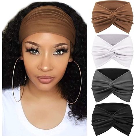 Conjunto de 4 diademas para mujer, diadema retro, nudo cruzado, diadema elástica (marrón café, beige, azul marino, negro). (1/5)