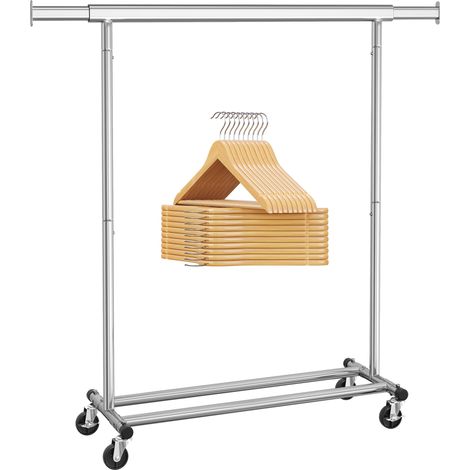 Portant à Vêtements avec 20 Cintres en Bois, Porte-manteau sur Roulettes, Tringle Extensible, Crochet Rotatif à 360°, Argenté et Couleur Boisée HSW013S01 (1/5)