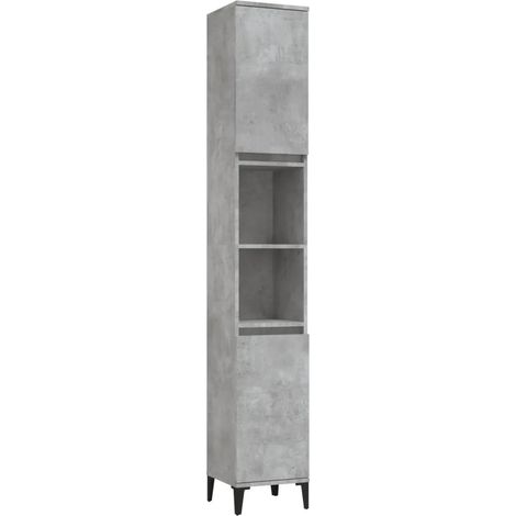 Mobiletto da bagno moderno 30 x 30 x 190 cm con 2 ripiani e gambe in metallo in legno grigio cemento 020048400