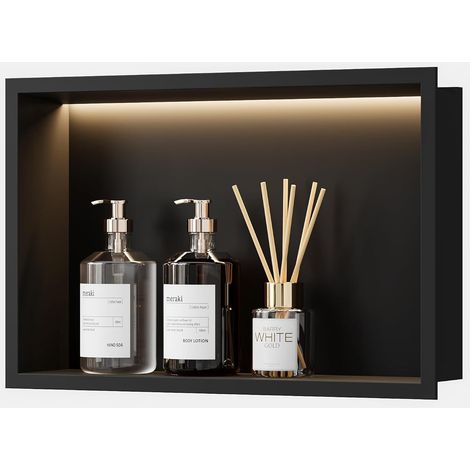 1 Niche Douche Acier Inoxydable, Lumière LED 3000K, Étagère Encastrée Noire 45x30cm, Salle De Bain (1/5)