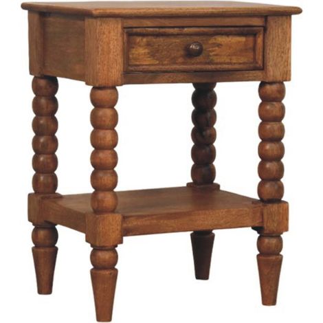 Étagère, en bois massif et bois, 1 tiroirs, 1 niveaux de rangement, marron, pour maison et usage quotidien, Chevet en fuseau en bois massif
