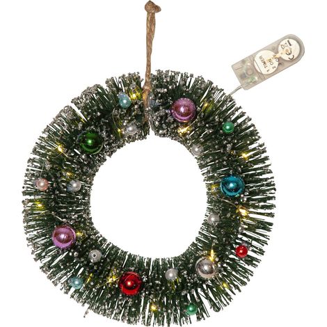 Star Trading Petite couronne de Noël décorative 'Decorini', décorée, éclairage LED, batterie + minuteur, verte, Ø 20 cm