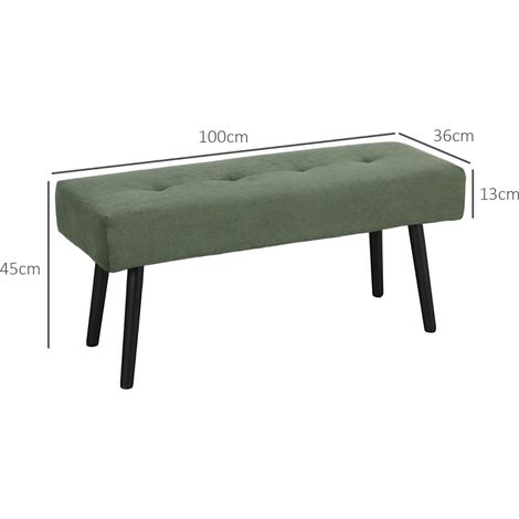 Banc rembourré en velours côtelé vert, pieds métalliques, convertible en repose-chaussures ou meuble d'entrée, idéal chambre, salon, couloir. Dimensions : 100 x 36 x 45 cm. (1/5)