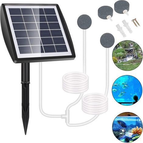 Aérateur solaire pour bassin - Pompe à air solaire 2 W et 2200 mAh pour aquarium avec 2 pierres à air - Aérateur de piscine à 2 réglages pour petits bassins (1/5)