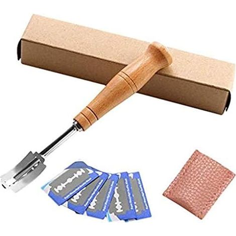 Lame Boulanger,Lame a Pain,Lame pour Pain,Couteau a Pain,Lame Bread,Boulangers Lame Couper PoignéE en Bois,avec 5 Acier Inoxydable Lames,Housse De Protection en Cuir,pour Pain Baguette Pâte Bretzel