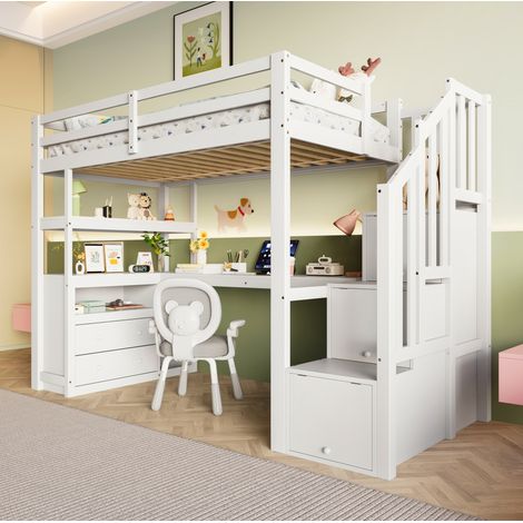 Bett Hochbett mit Schreibtisch und Stauraum 90x200 Weiß OKMYHOME (1/5)