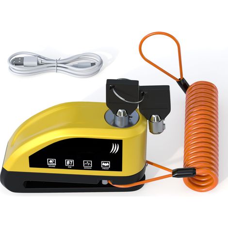 Antivol rechargeable avec alarme pour frein à disque, câble de rappel, alarme sonore de 110 dB, étanche, charge rapide en 2 heures, autonomie en veille de 9 mois, goupille de verrouillage universelle (1/5)
