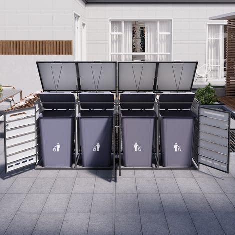 Lot de 4 armoires de jardin en fer avec couvercle hydraulique, bardage imitation bois horizontal, fentes de ventilation longues, coffres de rangement pour poubelles avec serrure (1/5)
