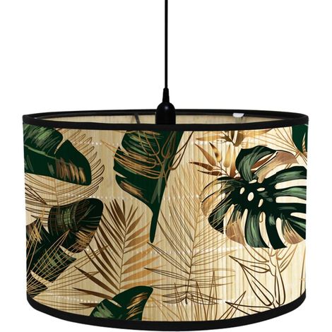 Abat-Jour en Bambou Classique Imprimé Animal et Végétal Tambour Abat-jour, Remplacement Abat, Jour Fait à la Main, pour Lampe de Table,Suspension,Lampe de Chevet,Lampadaire (Vert doré) (1/5)