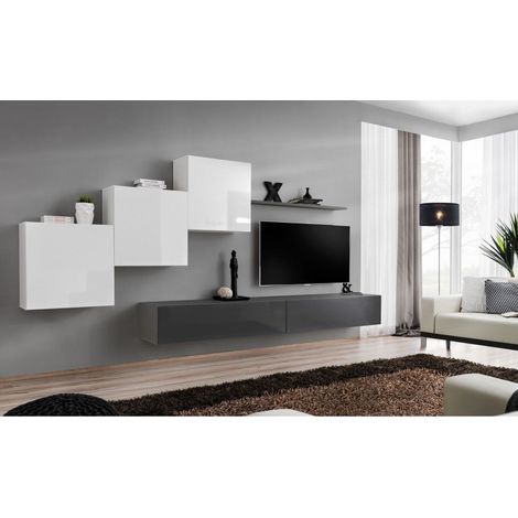 Ensemble mural - Switch X - 3 vitrines carrées - 2 bancs TV - 1 étagère - Blanc et graphite - Modèle 1 - Livraison gratuite