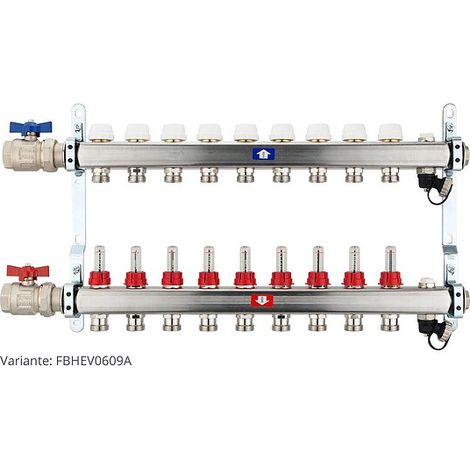 Fußbodenheizungsverteiler aus Edelstahl mit Topmeter für 9 Heizkreise - mit Anschlussset waagrecht (1/3)