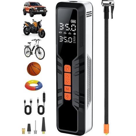Compresseur d'air portable 10 000 mAh, pompe électrique à 4 vitesses, gonfleur de pneus de voiture avec manomètre numérique, lampe LED et batterie externe, idéal pour les vélos, les motos et plus enco (1/4)