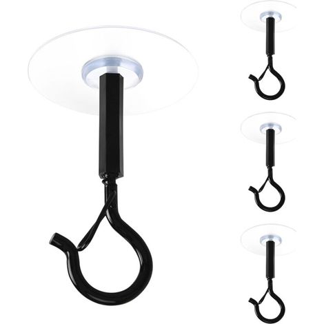 No-Drill Adhesive Ceiling Hooks, Ideal for Hanging Plants, Baby Mobiles, Curtains, Lights, Lanterns and Wind Chimes (Black, Set of 4) (1/5)