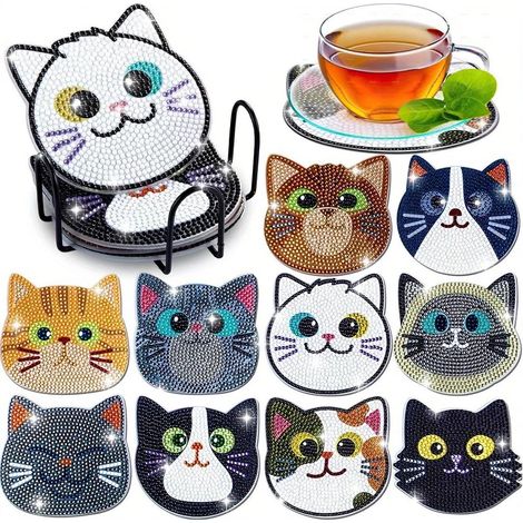 Diamantmalerei Untersetzer Set mit Halter, 10 Stück Katzen 5D DIY Bastelset für Erwachsene & Kinder (1/4)