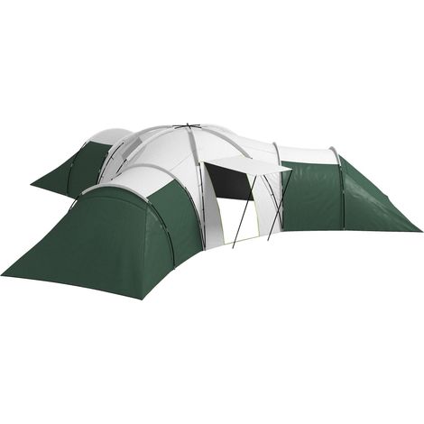 Tente de camping pour 6 à 9 personnes, 4 pièces, auvent, imperméable, 615 x 615 x 225 cm, verte (1/5)