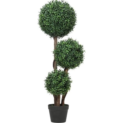 Planta artificial de boj de tres bolas con tronco de madera y maceta, 30 x 30 x 100 cm, verde (1/5)