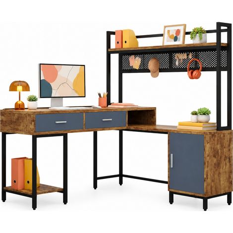 Scrivania angolare industriale 140x140x135 cm MDF e metallo nero naturale con contenitore - CHICFURN (1/5)