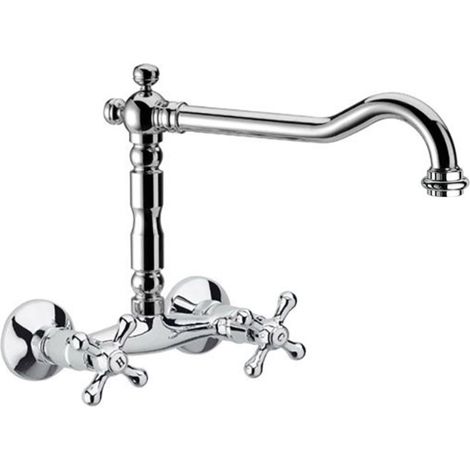 Schläfer 3460112  Rubinetto Lavello Cucina a Muro con 2 Manopole Stile Antico, Canna Girevole Universale a U da 200mm, Risparmio Acqua, Finitura Cromata, Design Vintage (1/5)