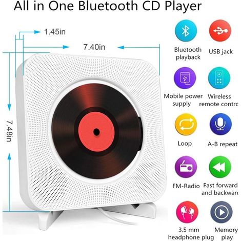 Lecteur CD portable monobloc, Bluetooth, support mural, haut-parleur Hi-Fi intégré, haut-parleur audio domestique avec télécommande, radio FM, prise casque USB 3,5 mm, entrée/sortie AUX avec interrupt (1/4)