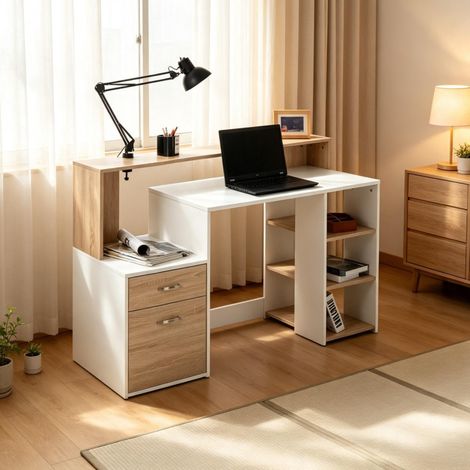 Escritorio con cajones y estantes abiertos, mesa de ordenador compacta de MDF en madera clara y blanco para despacho, dormitorio y estudio – CHICFURN (1/5)