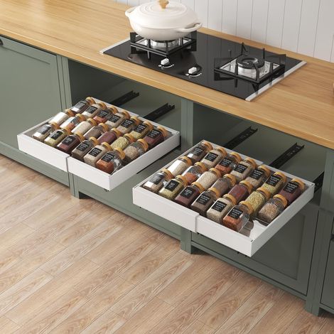 Set of 2 Sliding Kitchen Drawer and 12 Pieces Spice Rack Organizer, Sliding Tray Cupboard, 32-52 cm Width, 42 cm Depth, Self Adhesive or Screw Attachment, White (1/5)
