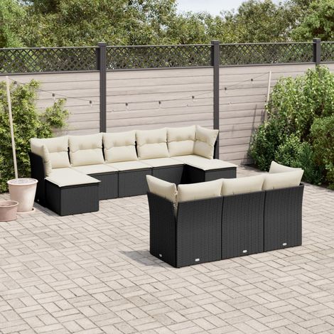 Ensemble Salon Jardin 10 Places Noir Résine Tressée avec Coussins Crème - 8 Sièges + 2 Tabourets - Meuble Extérieur Modulaire (1/5)