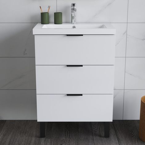High Gloss White MDF Vanity Unitгм600385850mm,wall-mountedгмDetachableгмSoft Closeгмthree drawer + 600400mm White Artificial Stone Basin