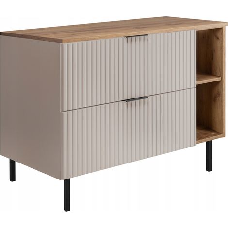 Rodan Waschbeckenunterschrank mit Füßen 100 cm, Beige Matt, 46 x 100 x 73,6 cm, mit brauner Ablage und Waschtischplatte, feuchtraumgeeignet