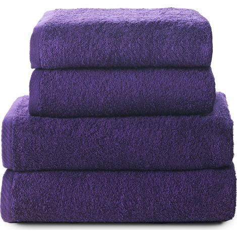 Lot de 2 Serviettes de Toilette et 2 Serviettes de Bain ou Douche - 100% Coton - 400 g/m² - Violet (1/5)