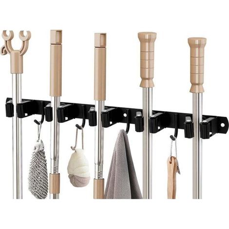 Porte-balais mural en acier inoxydable avec 5 supports et 4 crochets - porte-outils mural pour jardin, balcon, salle de bain, jardin, cuisine (1/4)