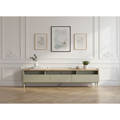 BOBOCHIC - Meuble TV 1 porte 2 tiroirs 200 cm ANYRA pieds en bois massif   Vert