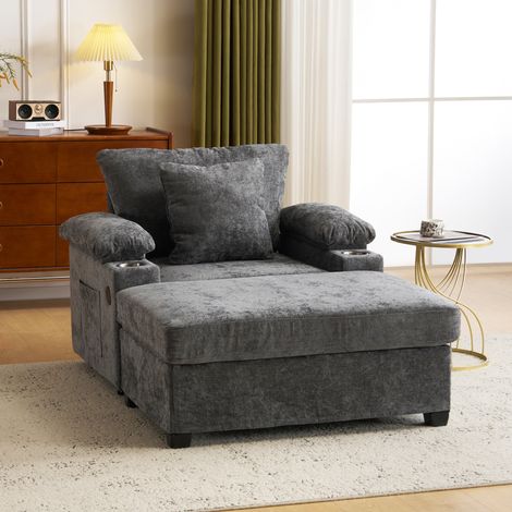 Canapé lounge en chenille avec USB, porte-gobelets et accoudoir de rangement pour salon ou bureau - gris fonce (1/5)