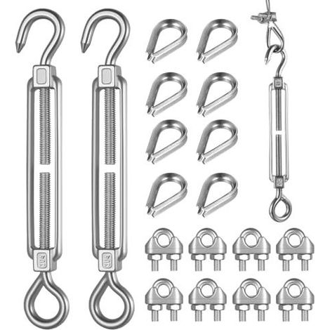 2 Stück M6 Edelstahl-Seilspanner, Edelstahl-Seilspanner mit Haken und 8 M3-Seilklemmen, M3-Seilösen, Sonnensegel, Sonnensegelbefestigung - (1/5)