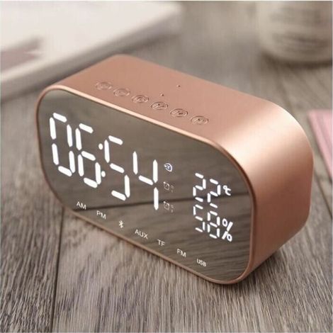 Digitaler Radiowecker, kabelloser Bluetooth-Lautsprecher, USB-Ladeanschluss, AUX- und TF-Kartenwiedergabe für Desktop-Computer (Roségold)