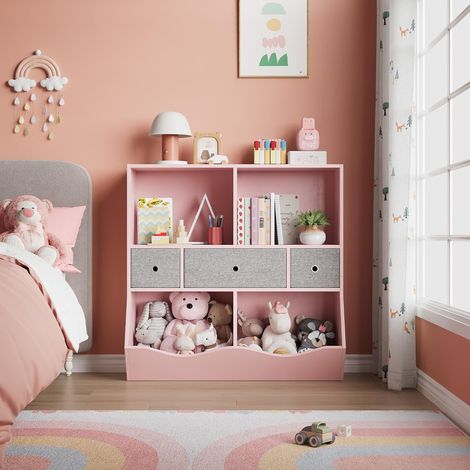 Meuble de Rangement Enfant 3 Niveaux, Bibliothèque avec Bacs à Jouets Amovibles Rose (1/5)