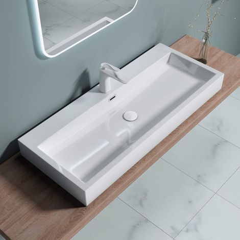 doporro Lavabo da Appoggio Rettangolare, Lavabo Bagno Sospeso con Foro Rubinetto e Troppopieno, Lavandino in Marmo Resina Bianco Lucido 100x42x10cm, Colossum06 (1/5)