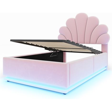Letto imbottito 90x200 cm in velluto rosa con testiera floreale, contenitore e LED (1/5)