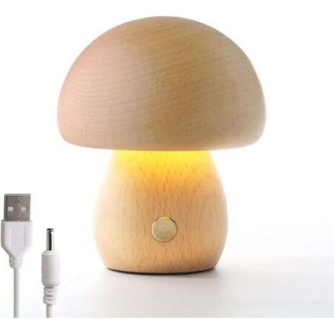 Lampe Champignon en Bois, Lampe de Chevet Portable à Intensité Variable Rechargeableavec USB, Veilleuse sans fil, Lampe de Table Champignon pour la Décoration de la Maison, Lampe de Chevet (Hêtre) [Cl (1/5)