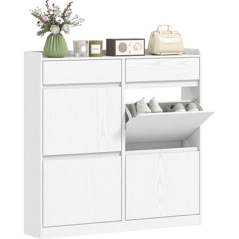 Scarpiera Slim 98x19,2x95,3 cm con 4 Ante a Ribalta e 2 Cassetti in Legno Bianco (1/5)