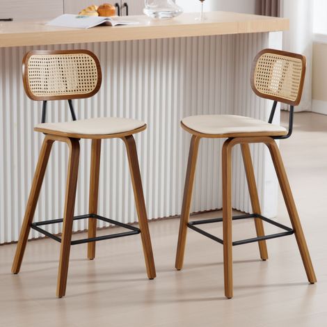 Wahson 2 PZ Sgabelli da Bar in Legno con Schienale in Rattan, Sedie Alte con Gambe in Legno Sgabelli Imbottiti per Sala da Pranzo/Bar, Beige (1/5)