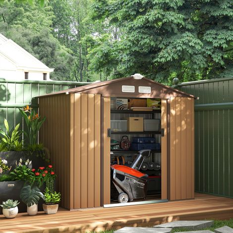 Caseta de jardín Outsunny con puertas correderas, 2,13 x 1,30 x 1,85 cm, metal, amarillo