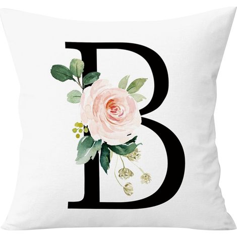 Housse De Coussin Carré - Lettre Alphabétique Imprimée Unilatérale - Fond Blanc Avec Fleur - Fermeture Éclair - 45 X 45 Cm - 1 Pièce (1/4)