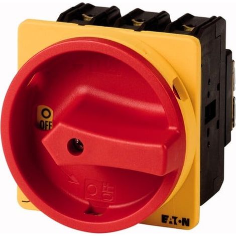 Eaton Interruptor principal, P3, 63 A, montaje, 3 polos, 1 NC, 1 NA, función de PARADA DE EMERGENCIA, con empuñadura giratoria roja y collar de bloqueo amarillo, bloqueable en posición 0, 019891